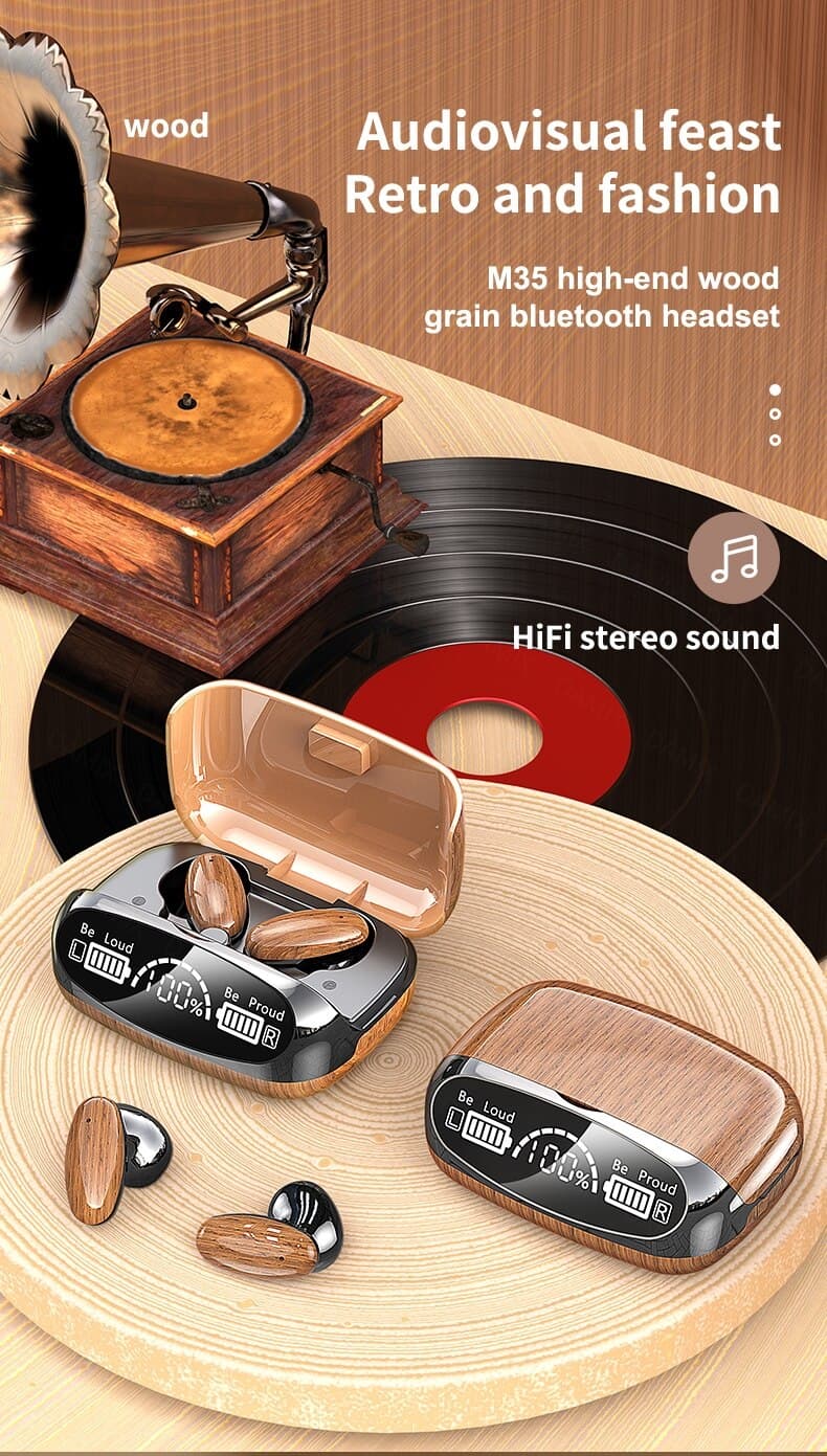 TWS M35 Bluetooth Earbuds Wood Grain Edition | LED Display | Bluetooth 5.2